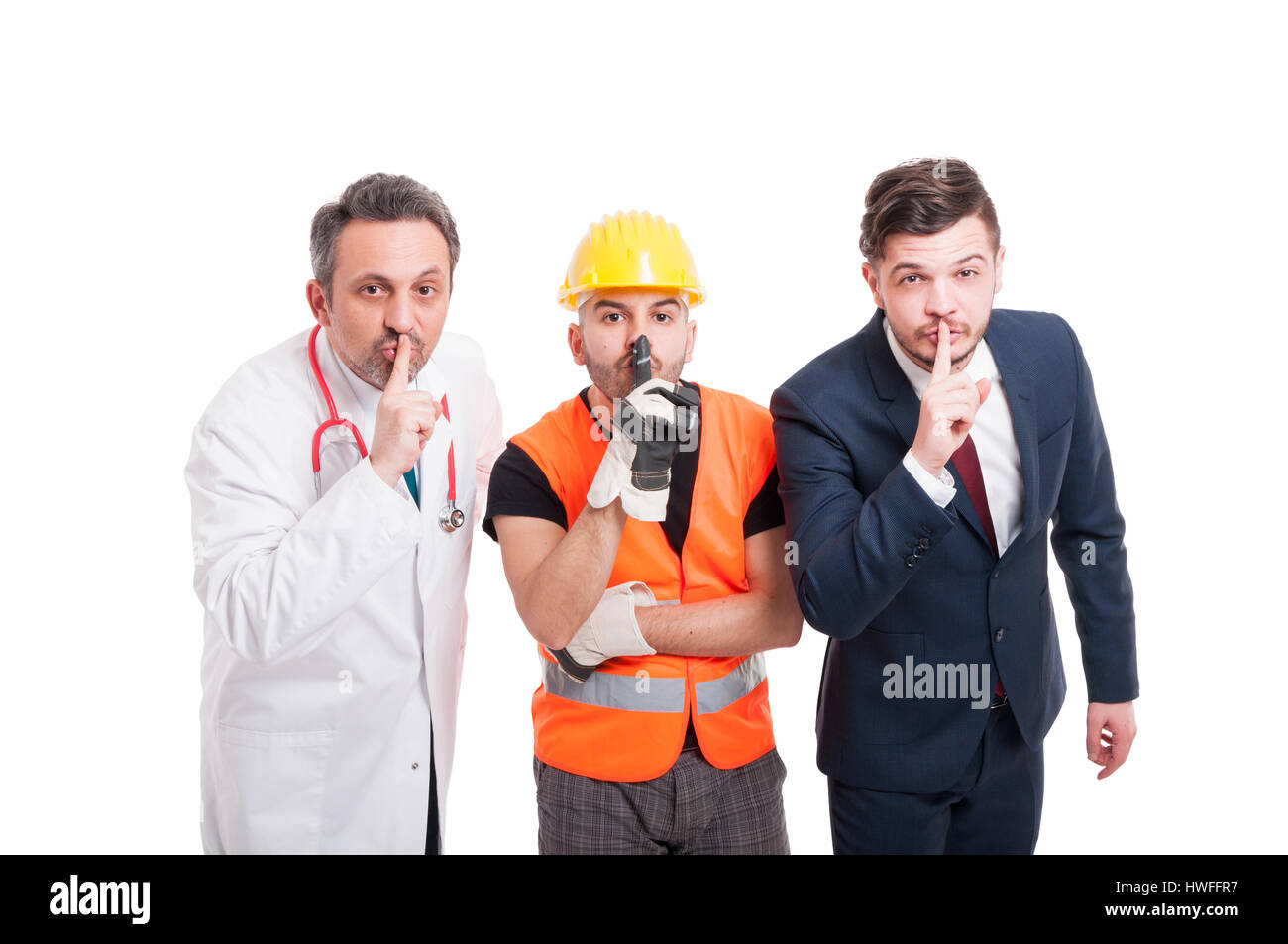 Attraktive Medic, Ingenieur und Geschäftsmann tun ruhig Geste auf weißen Studio-Hintergrund Stockfoto