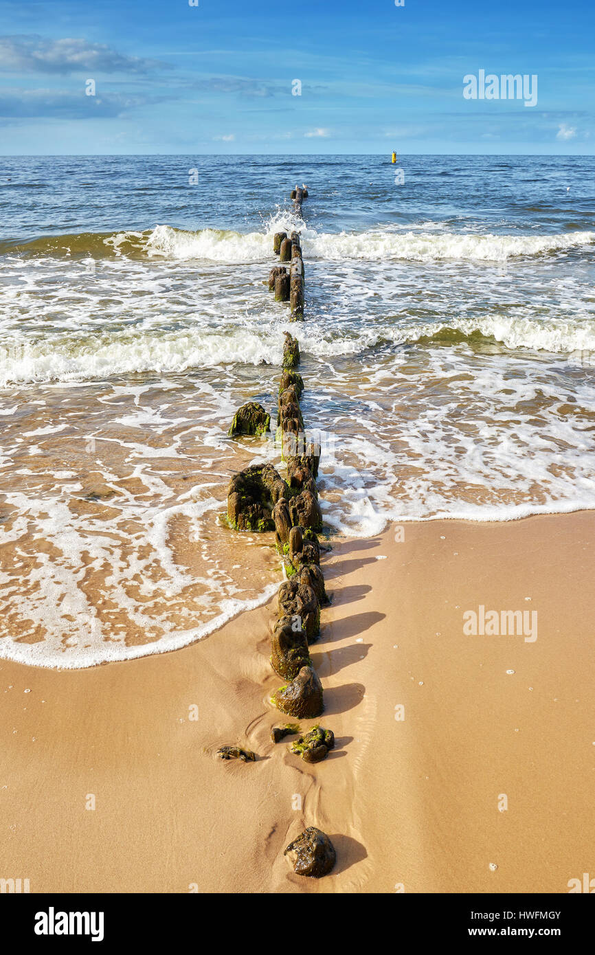Alte hölzerne Wellenbrecher an einem Strand, Sommer Hintergrund. Stockfoto