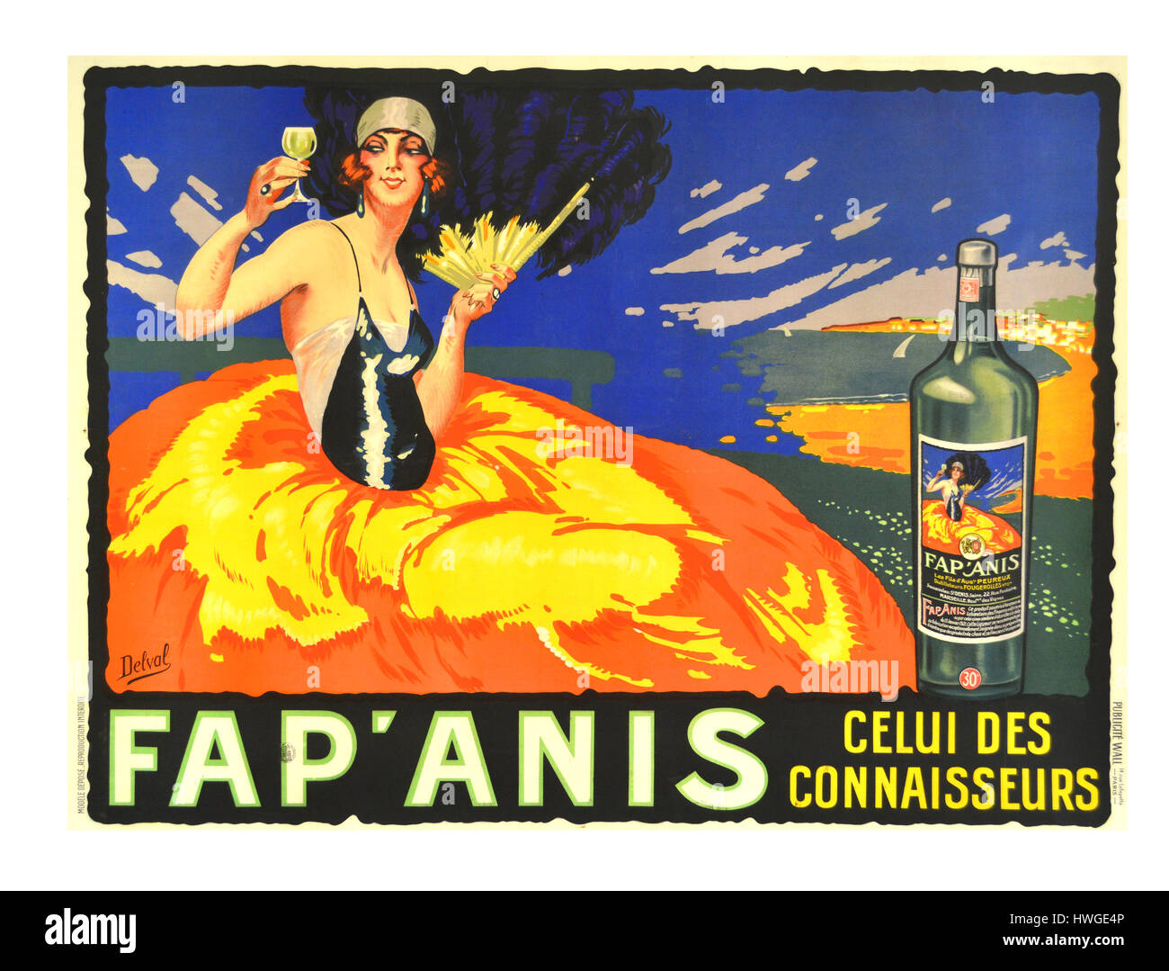 Vintage retro 1920er Jahre französische Plakat Werbung für einen Pastis Aperitif genannt Fap Anis mit Gaby Deslys eine renommierte Tänzerin und Sängerin die Schaffung von Pastis wurde als Reaktion auf das Verbot von seinem berüchtigten, Anis aromatisiert Vetter, Absinth in Frankreich im Jahre 1915. - Stockfoto