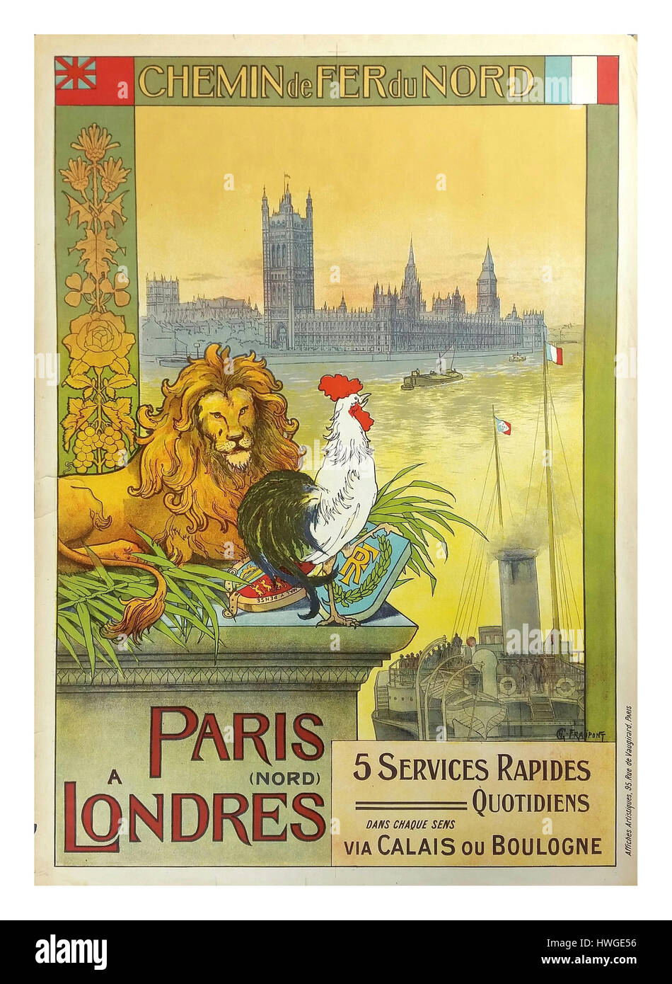 Vintage Retro-1900 Reisen Plakat "Chemin de Fer du Nord" für Paris London über Calais oder Boulogne-Schiene Dienstleistungen Stockfoto