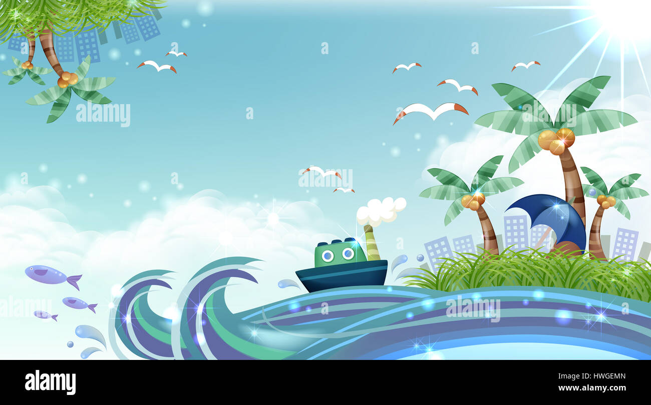 Schiff Boot Schiff Floating Wellen Verkehr Reise Reisen Ferien Urlaub Kreuzfahrt Wasser Ozean Meer Wasser Blau Blauer Himmel Fliegen Vogel Vogel Kokospalmen Baum Baume Gras Rauch Gebaude Aussen Stadt Skyline Sonnenschirm Sonne