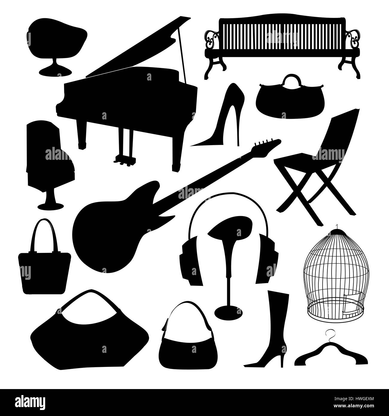 Weißer Hintergrund, Schwarze und Weiße, schwarz, Hintergrund, Kunst, Kunstwerk, Cartoon, cgi, Clip Art, Computer Graphics, kreativ, Digitale Kunst, digitale Technologie, Zeichnen, Illustration, Illustrationen, Phantasie, Fantasie, gemalten Bild, Malerei, Beziehung, Vertretung, Vertreter, Vector, Zeichnung, Quadrat, Sammlung, Element, isoliert, Outline, Set, Form, Silhouette, Quadrat, Gitarre, Piano, Sitzbank, Sofa, Stuhl, Kopfhörer, Lautsprecher, Cage, Freiheit, Geldbeutel, Schuhe, Damen Schuhe, Musik, Unterhaltung, musikalische Stockfoto