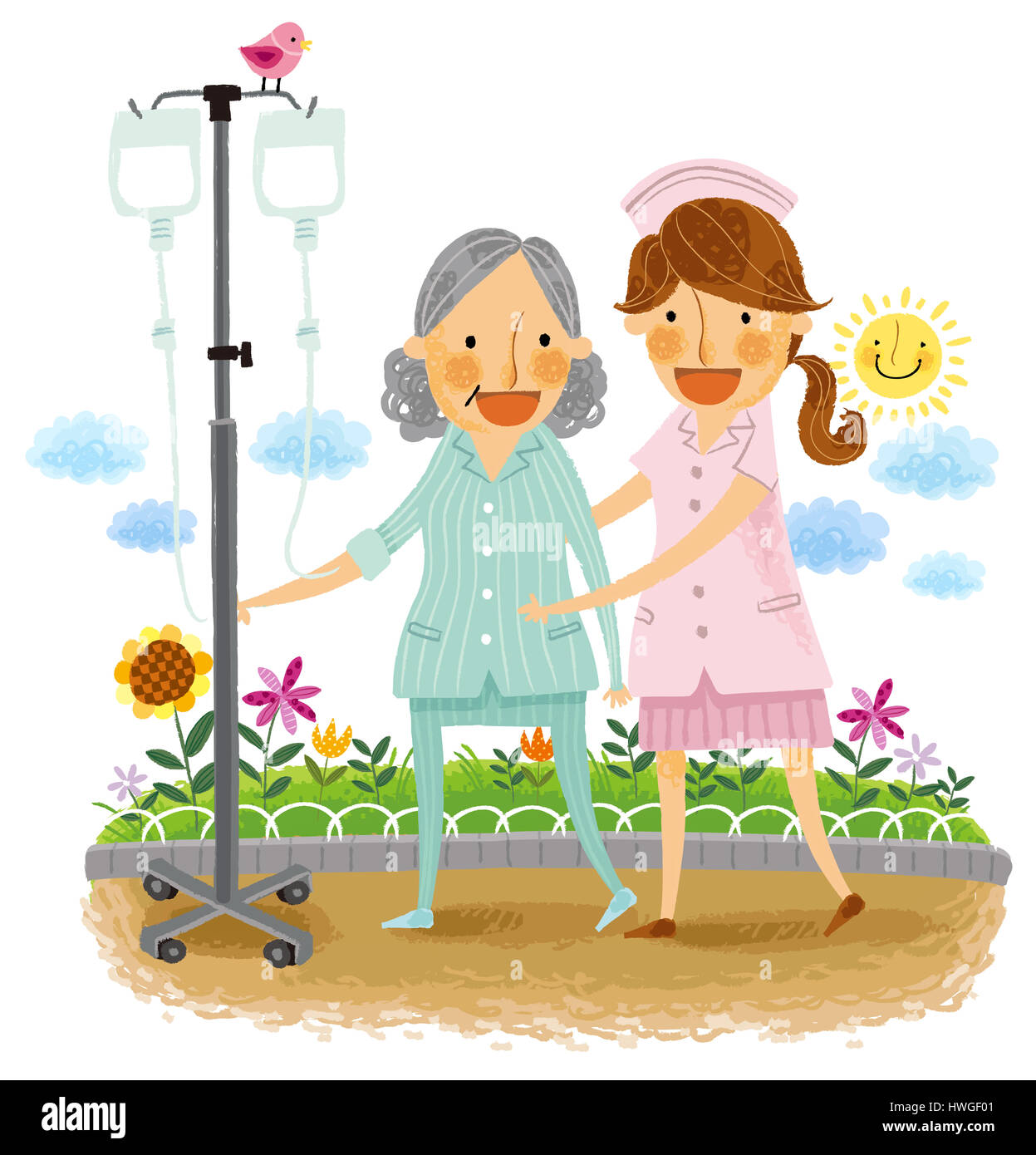 Weiblich, zwei Person, Person, Leute, stehen, schauen, volle Länge, an der Kamera suchen, Vorderansicht, Krankenschwester, Patient, Compound, Hilfe, Pflege, Sorge, Konzept, konzeptionelle, Draußen, Draußen, Außen, Tag, sonniger Tag, Sonne, glücklich, haben gelächelt, gut gelaunt, Glück, Frau, zwei, zwei Frau, Besitz, Krankenhaus Abendkleid, Uniform, Boden, Garten, Erholung, Wohlbefinden, gut, Wolken, Weiß, weißer Hintergrund, weiß, Hintergrund, ältere Stockfoto