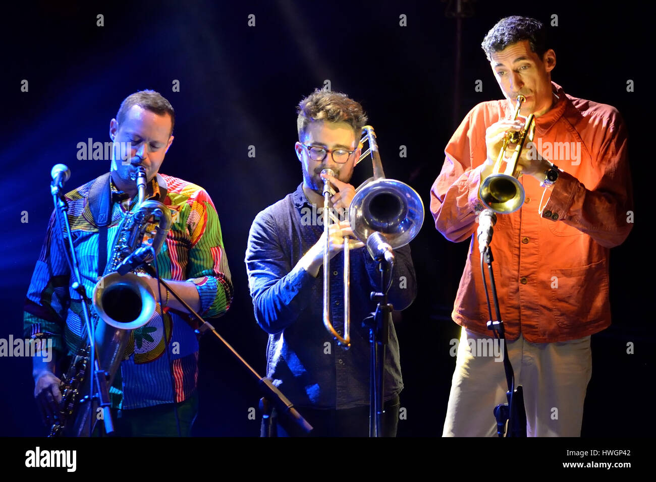 BARCELONA - 27 Mai: Antibalas (Afrobeat Band) im Konzert im Heineken Primavera Sound Festival 2014 (PS14) am 27. Mai 2014 in Barcelona, Spanien. Stockfoto