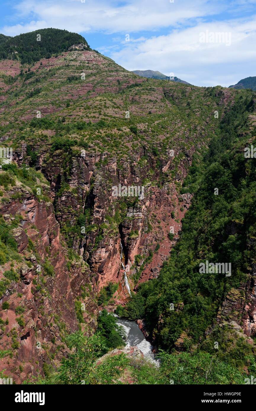 Frankreich, Alpes Maritimes, Nationalpark Mercantour, Haut-Var-Tal, Schluchten von Daluis geschnitzt vom Fluss Var im roten Lutite Boden Stockfoto