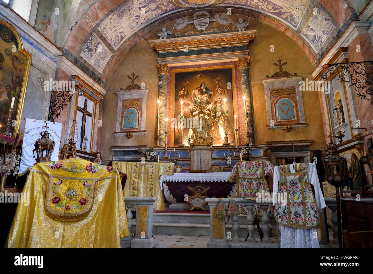 Frankreich, Alpes Maritimes, Bevera Tal, Sospel, Chapelle Sainte Croix (Heilig-Kreuz-Kapelle) der Weißen Büßer aus dem 16. Jahrhundert, geistliche meistert Stockfoto