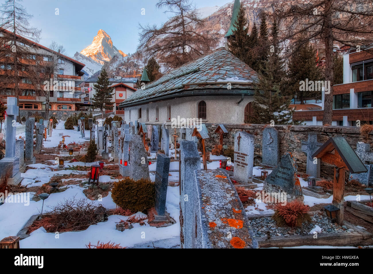 Matterhorn, Bergsteiger-Friedhof, Zermatt, Wallis, Schweiz, Europa Stockfoto