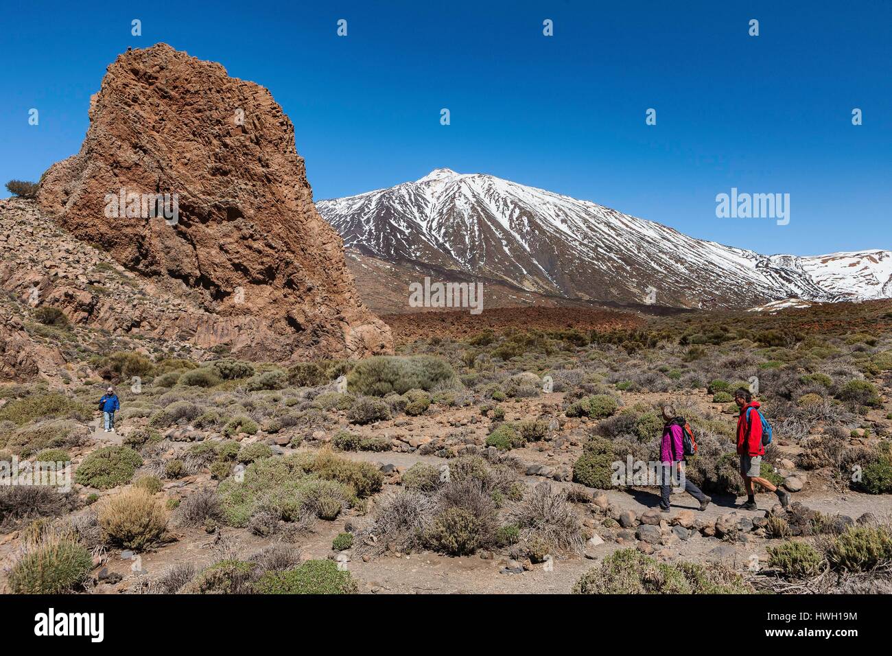 Espagne, Iles Kanaren, Ile de Tenerife, Parc national du Teide, Classé au Patrimoine Mondial de seine, Wanderer vor den Teide Stockfoto