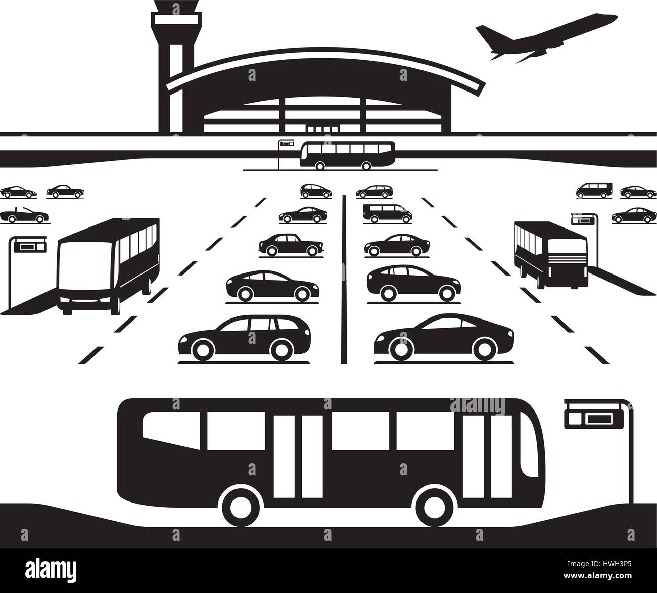 Flughafen-Parkplatz Transferbusse - Vektor-illustration Stock Vektor