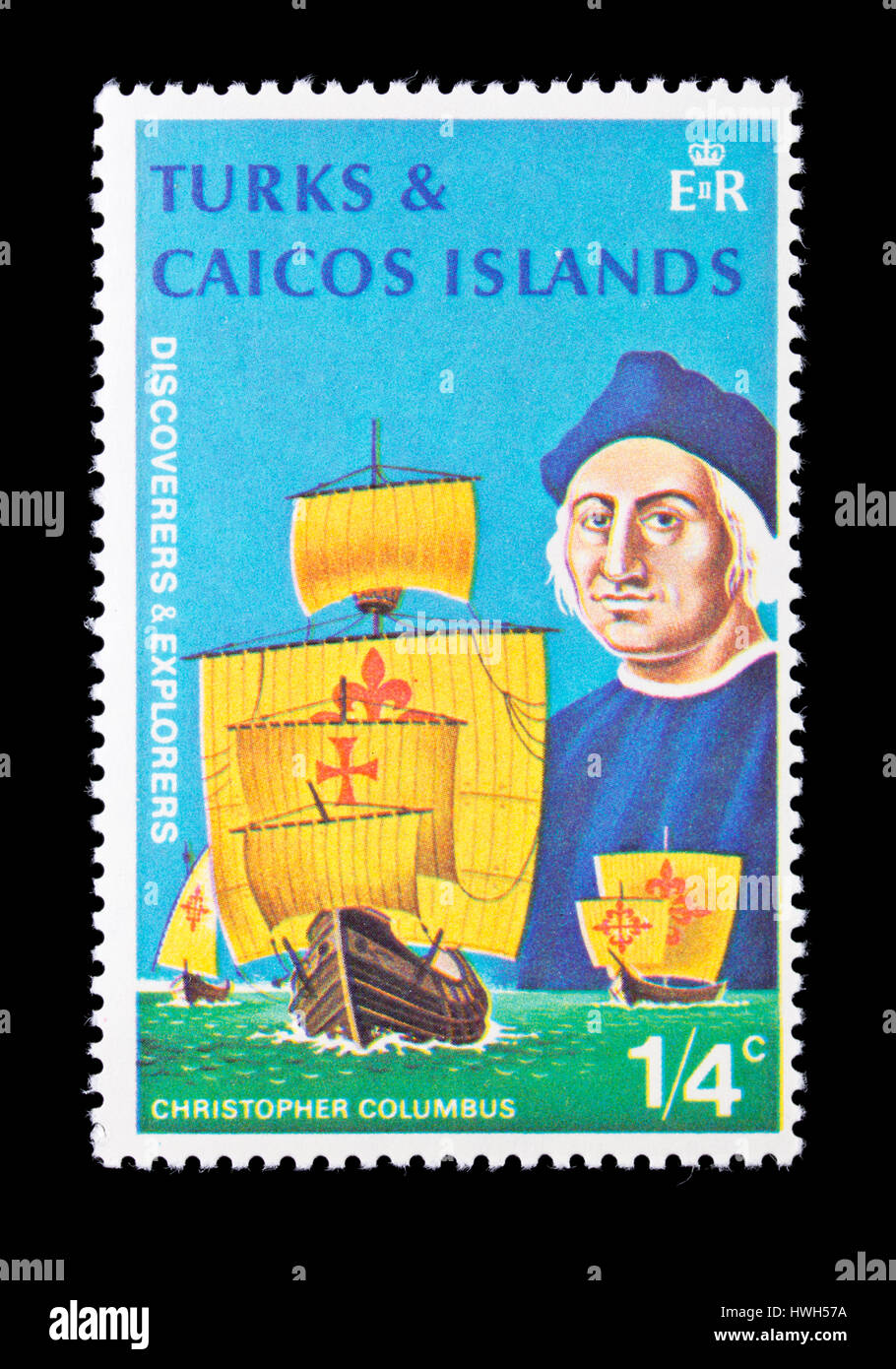 Briefmarke von Turks And Caicos Islands Darstellung Christopher Columbus und seine Flotte von Schiffen, die Nina, Pinta und Santa Maria Stockfoto