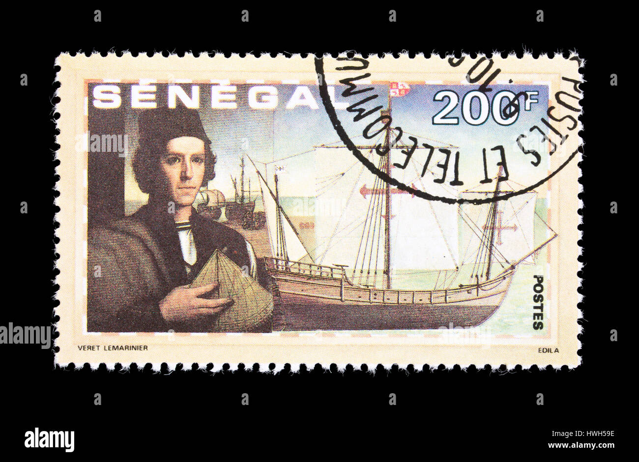 Briefmarke aus dem Senegal Darstellung Christopher Columbus und seine Schiffe 500' Jahrestag der Entdeckung Amerikas. Stockfoto