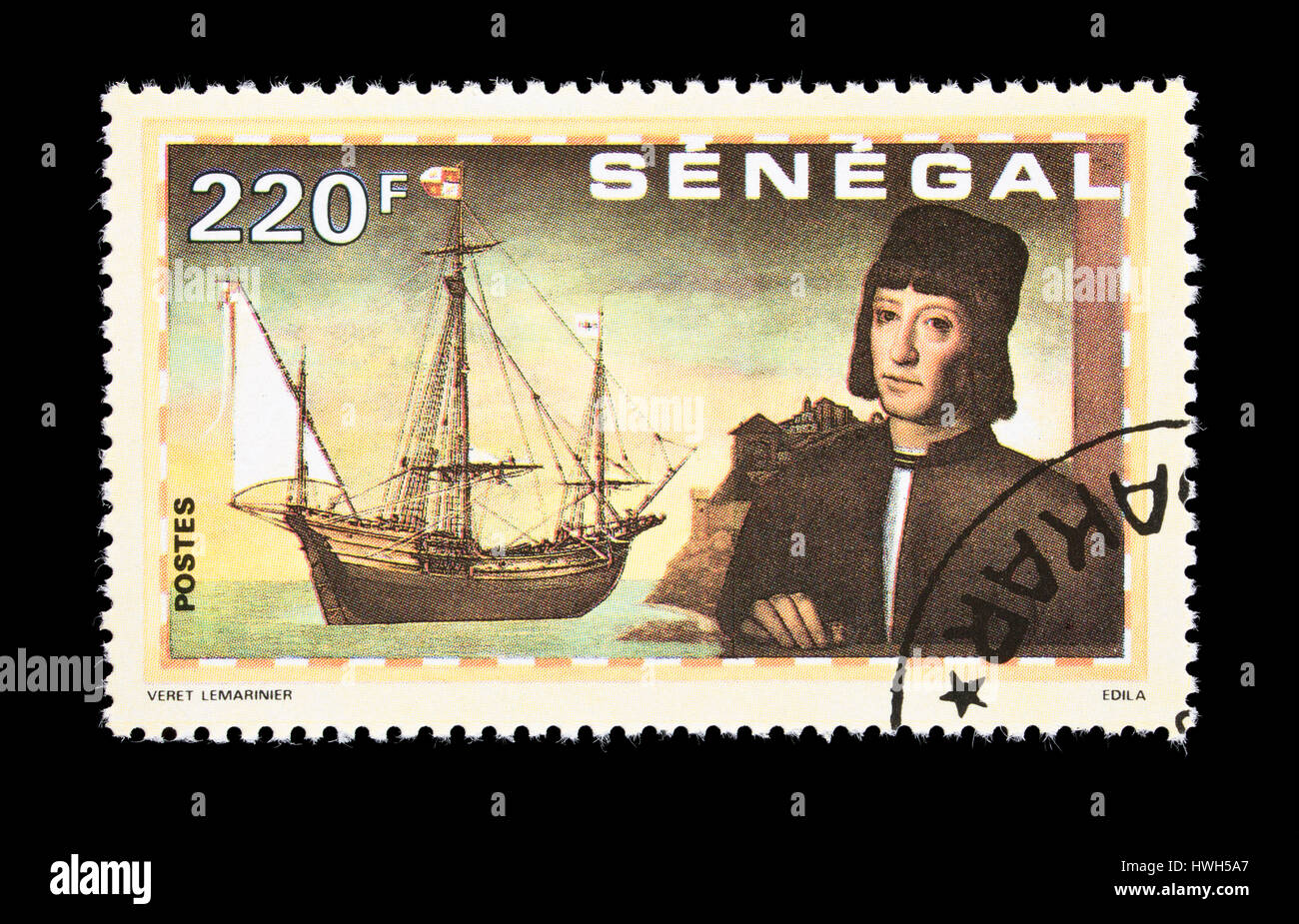 Briefmarke aus dem Senegal Darstellung Christopher Columbus und seine Schiffe 500' Jahrestag der Entdeckung Amerikas. Stockfoto