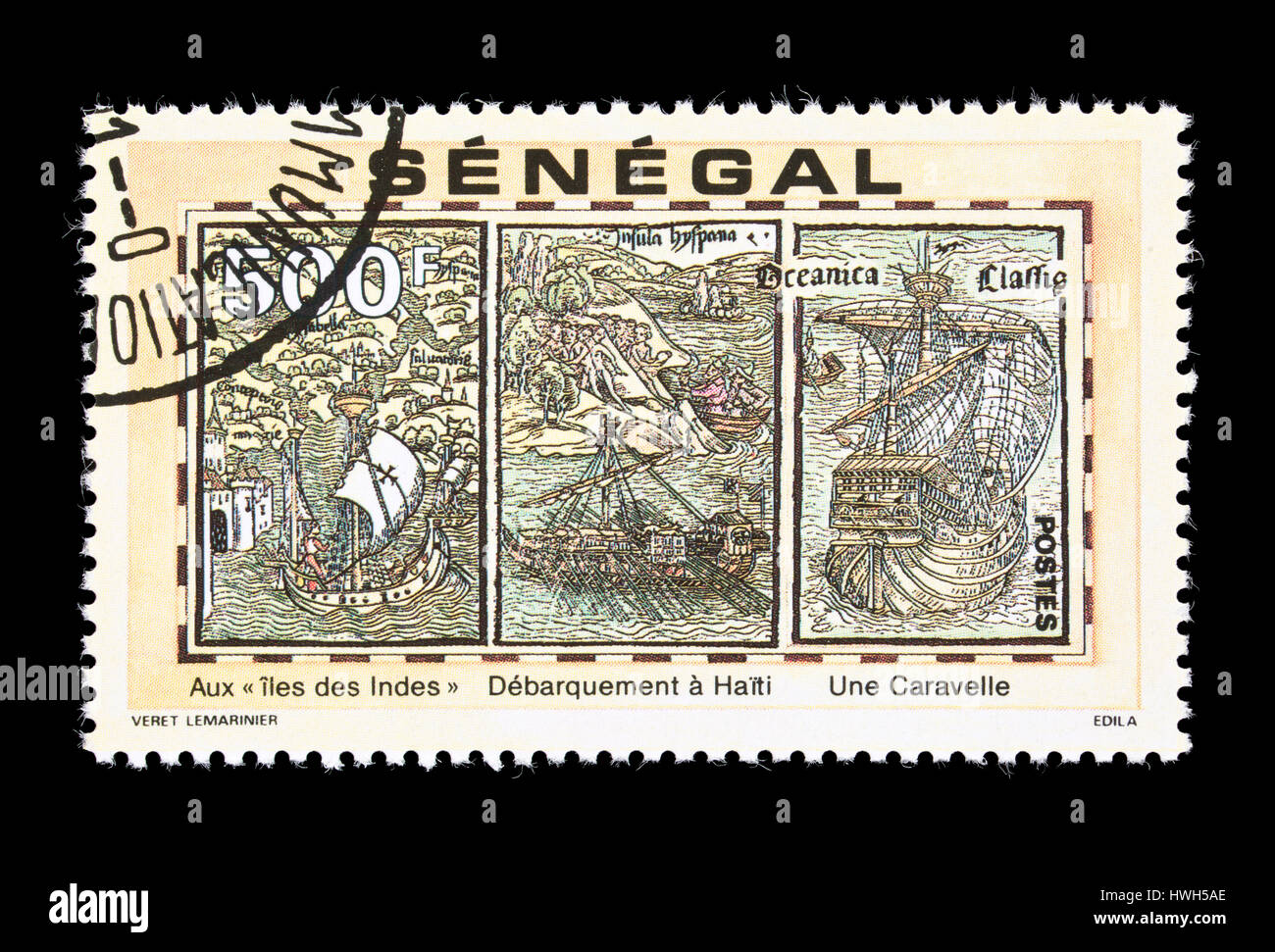 Briefmarke aus dem Senegal Darstellung Christopher Columbus Reise Details, 500' Jahrestag der Entdeckung Amerikas. Stockfoto