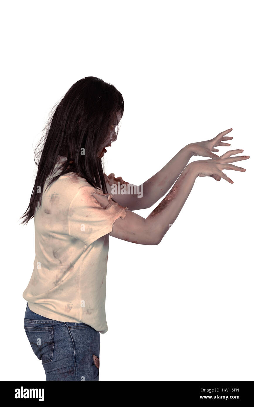 Weibliche Zombie isoliert auf weißem Hintergrund. Halloween-Konzept Stockfoto