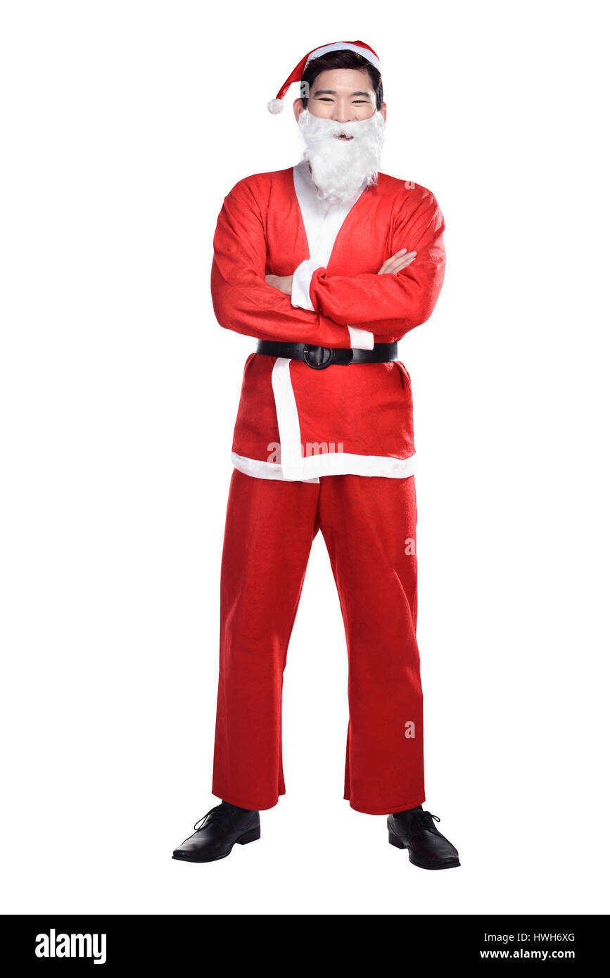 Asiatischer Mann im Weihnachtsmann-Kostüm isoliert auf weißem Hintergrund Stockfoto