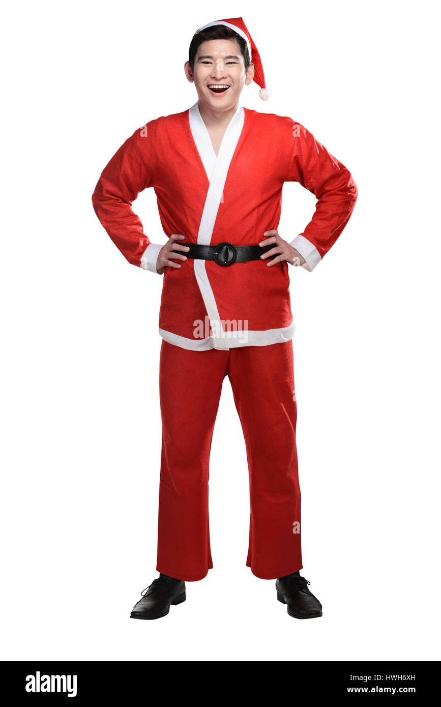 Asiatischer Mann im Weihnachtsmann-Kostüm isoliert auf weißem Hintergrund Stockfoto