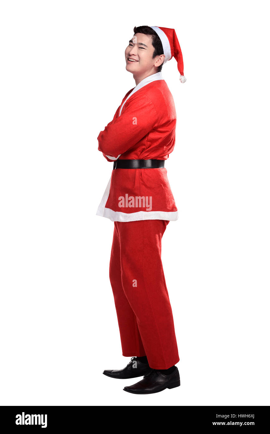 Asiatischer Mann im Weihnachtsmann-Kostüm isoliert auf weißem Hintergrund Stockfoto