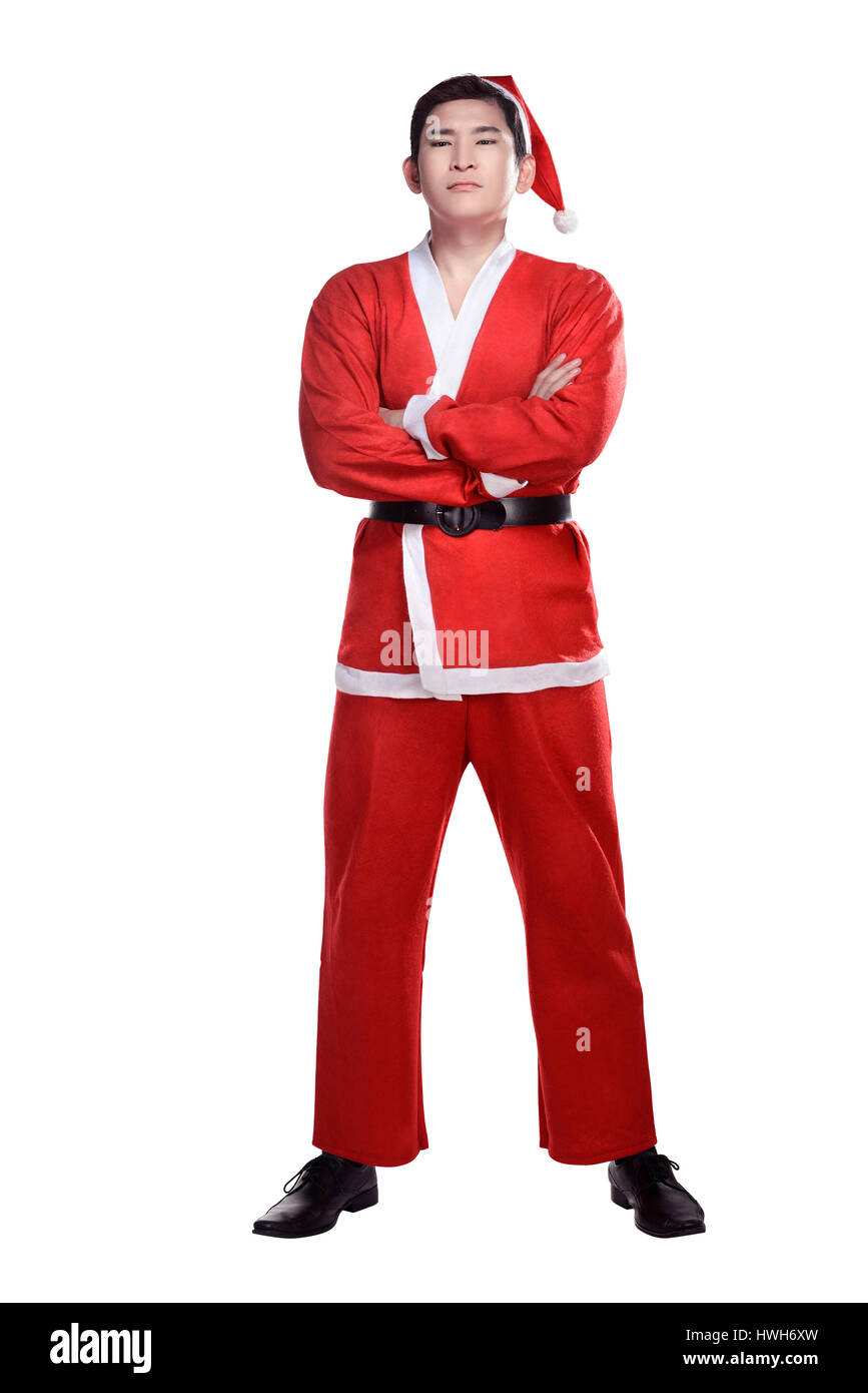 Asiatischer Mann im Weihnachtsmann-Kostüm isoliert auf weißem Hintergrund Stockfoto