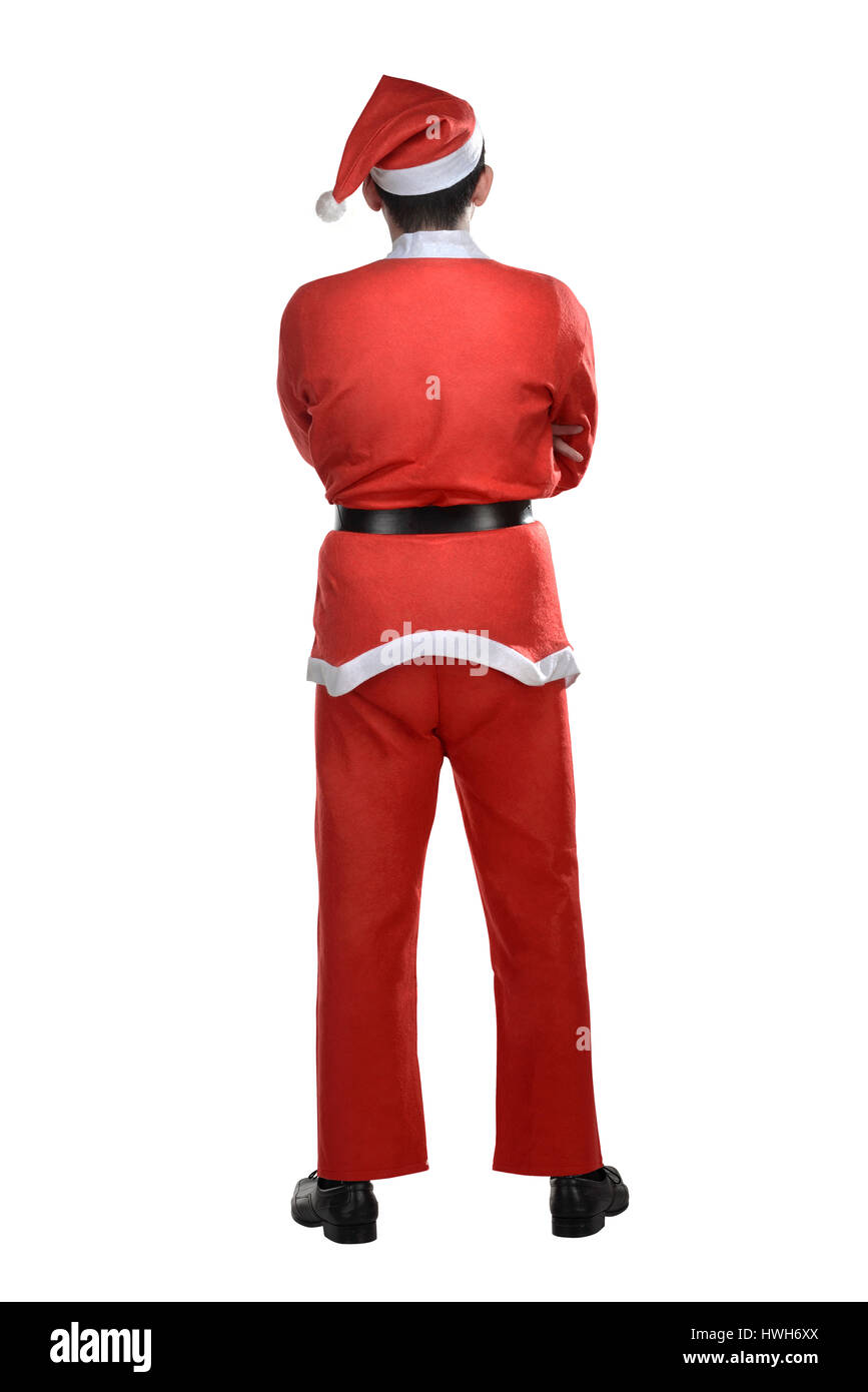 Asiatischer Mann im Weihnachtsmann-Kostüm isoliert auf weißem Hintergrund Stockfoto