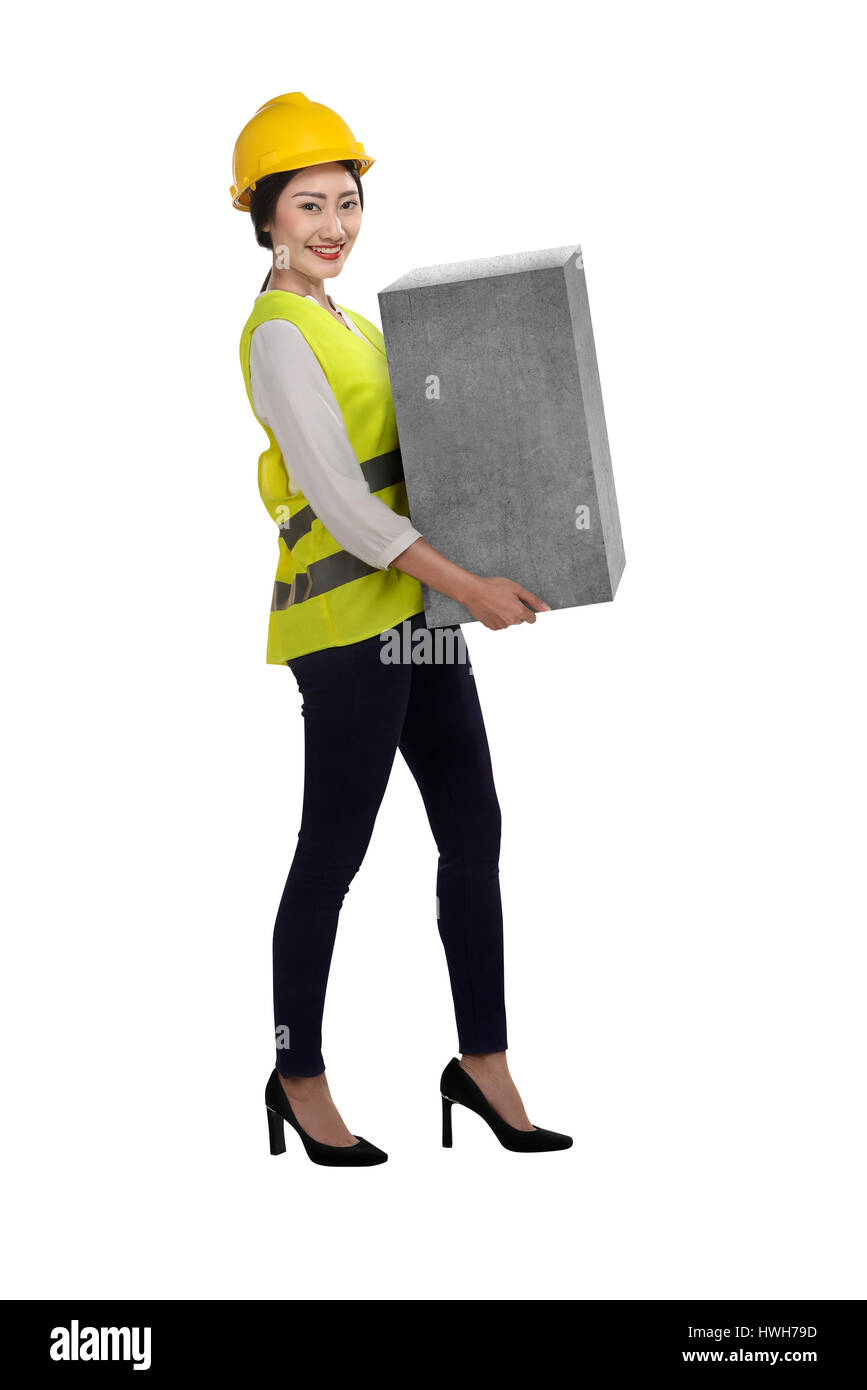 Asien-Geschäft Frau heben schwere Kiste isoliert auf weißem Hintergrund Stockfoto