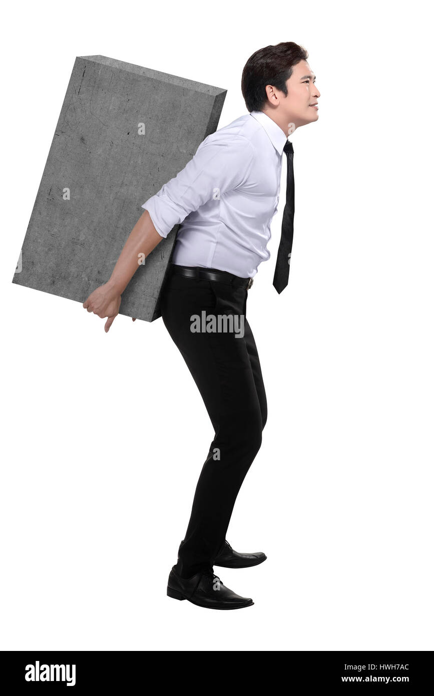 Asien-Geschäft Mann Aufzug schwere Kiste isoliert auf weißem Hintergrund Stockfoto
