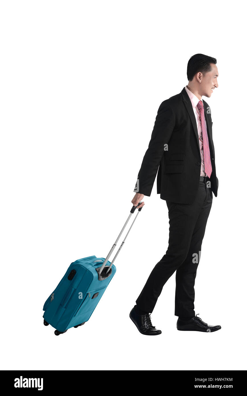 Business-Mann zu Fuß mit Koffer isoliert auf weißem Hintergrund Stockfoto
