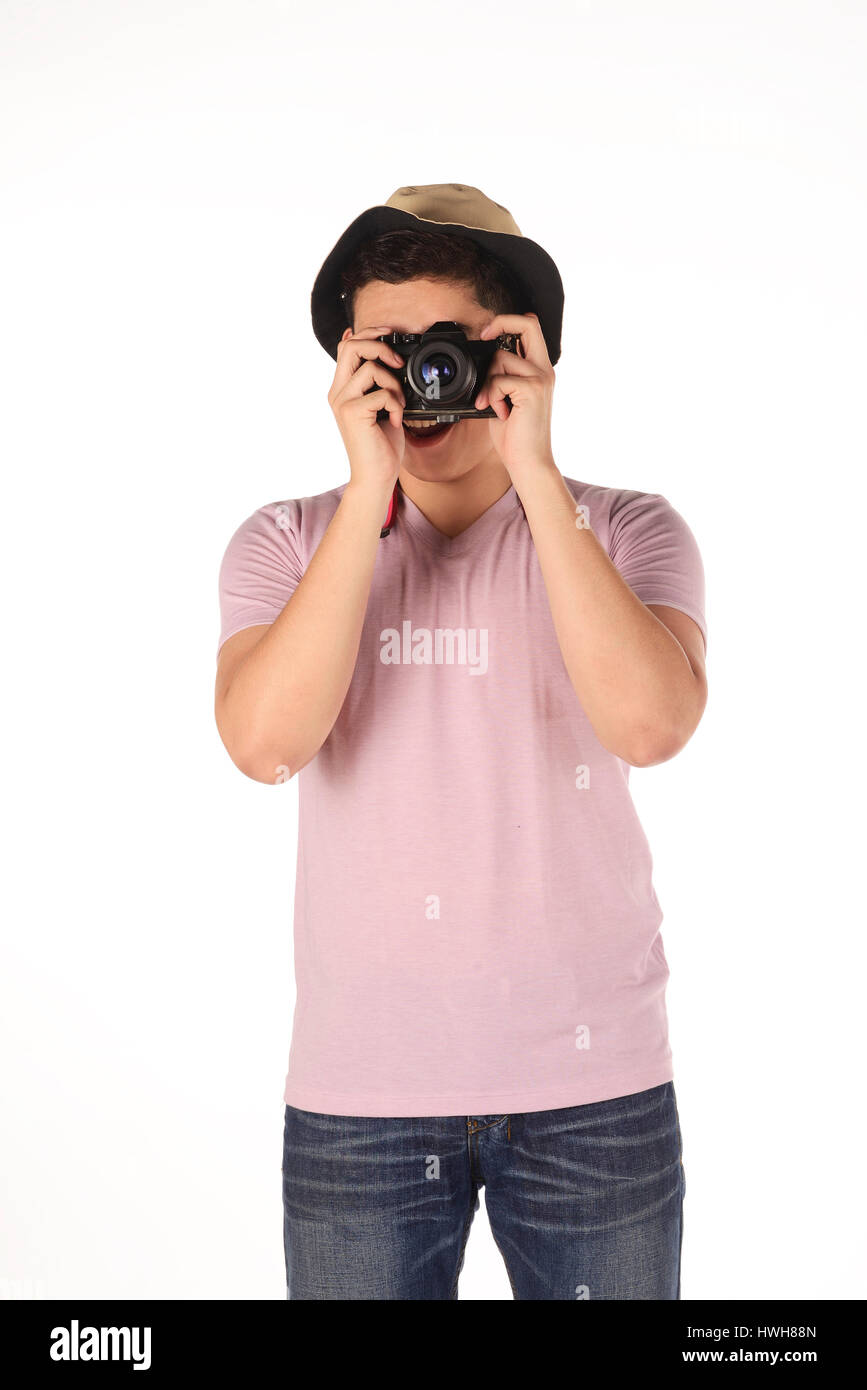 Asiatischen Fotografen unter Bild isoliert auf weißem Hintergrund Stockfoto