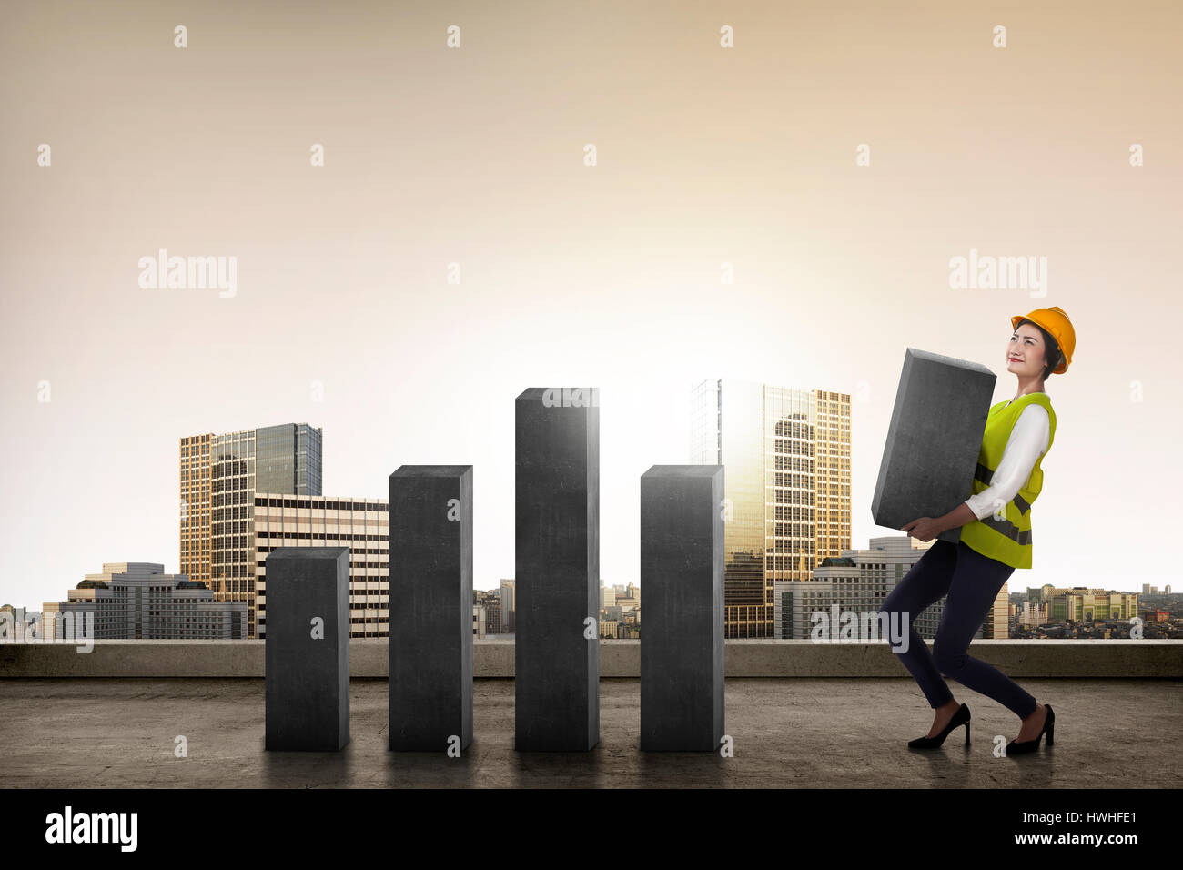 Asiatische Geschäftsfrau Aufhebung Sperrung des Diagramms. Geschäftskonzept Herausforderung Stockfoto