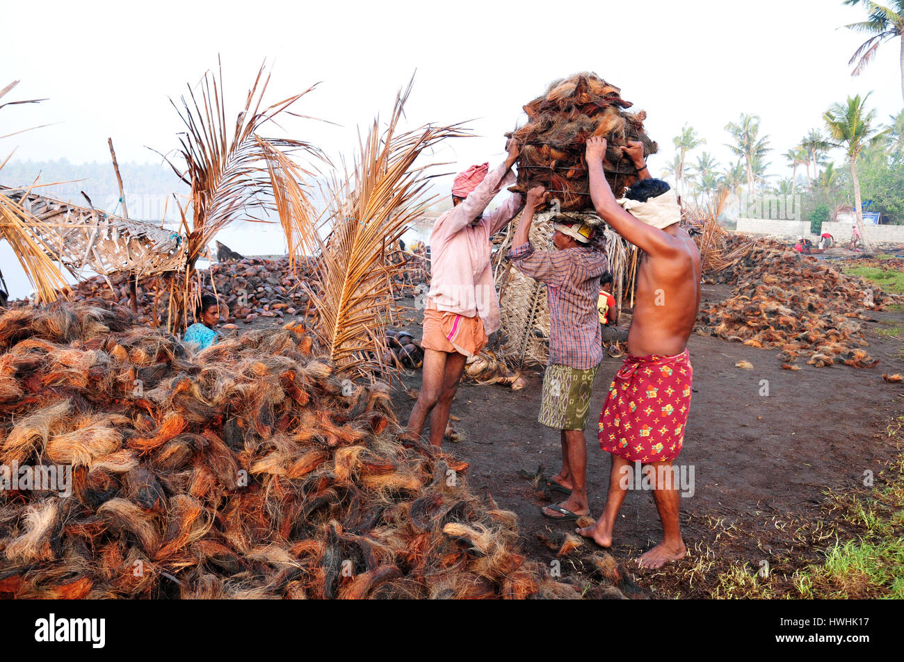 Ein Handwerker, die Kokosnuss-Schalen [äußere Schicht Haut entfernt], Kokos-Fabrik. Stockfoto