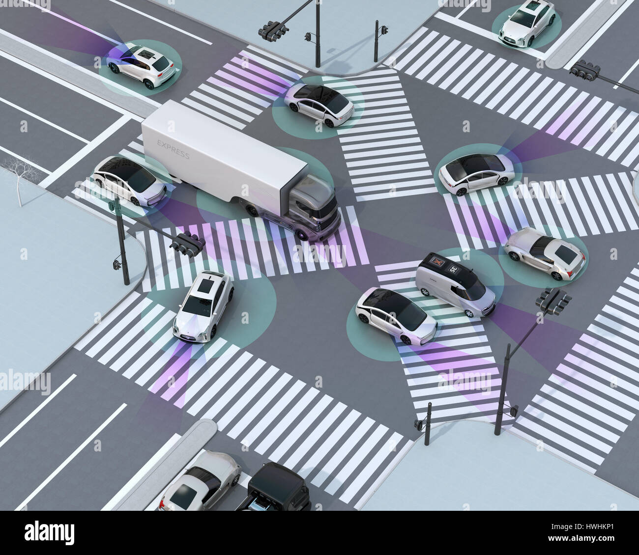 Reibungslosen Verkehr in Kreuzung. Konzept für autonome Technologie Vorteil. 3D-Rendering Bild. Stockfoto