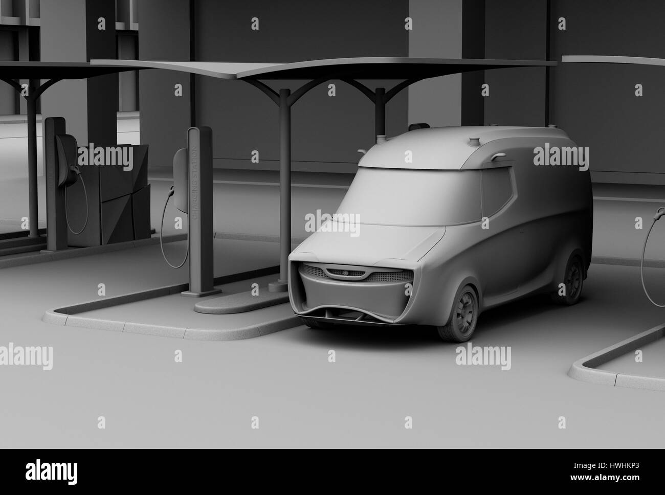 Clay Modell Rendering der Lieferwagen in der Ladestation. 3D-Rendering Bild. Stockfoto