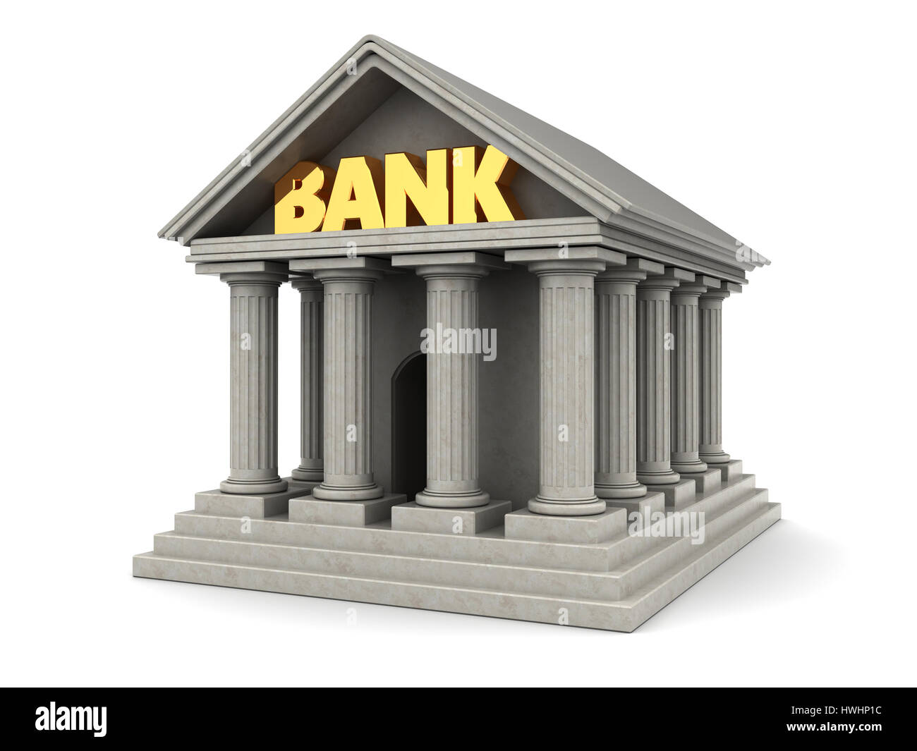 3D Darstellung der Bankgebäude auf weißem Hintergrund Stockfoto