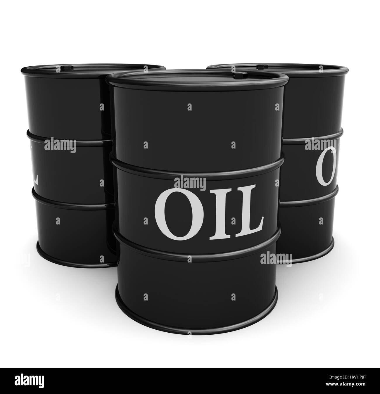3D Darstellung der drei Ölfässer auf weißem Hintergrund Stockfoto