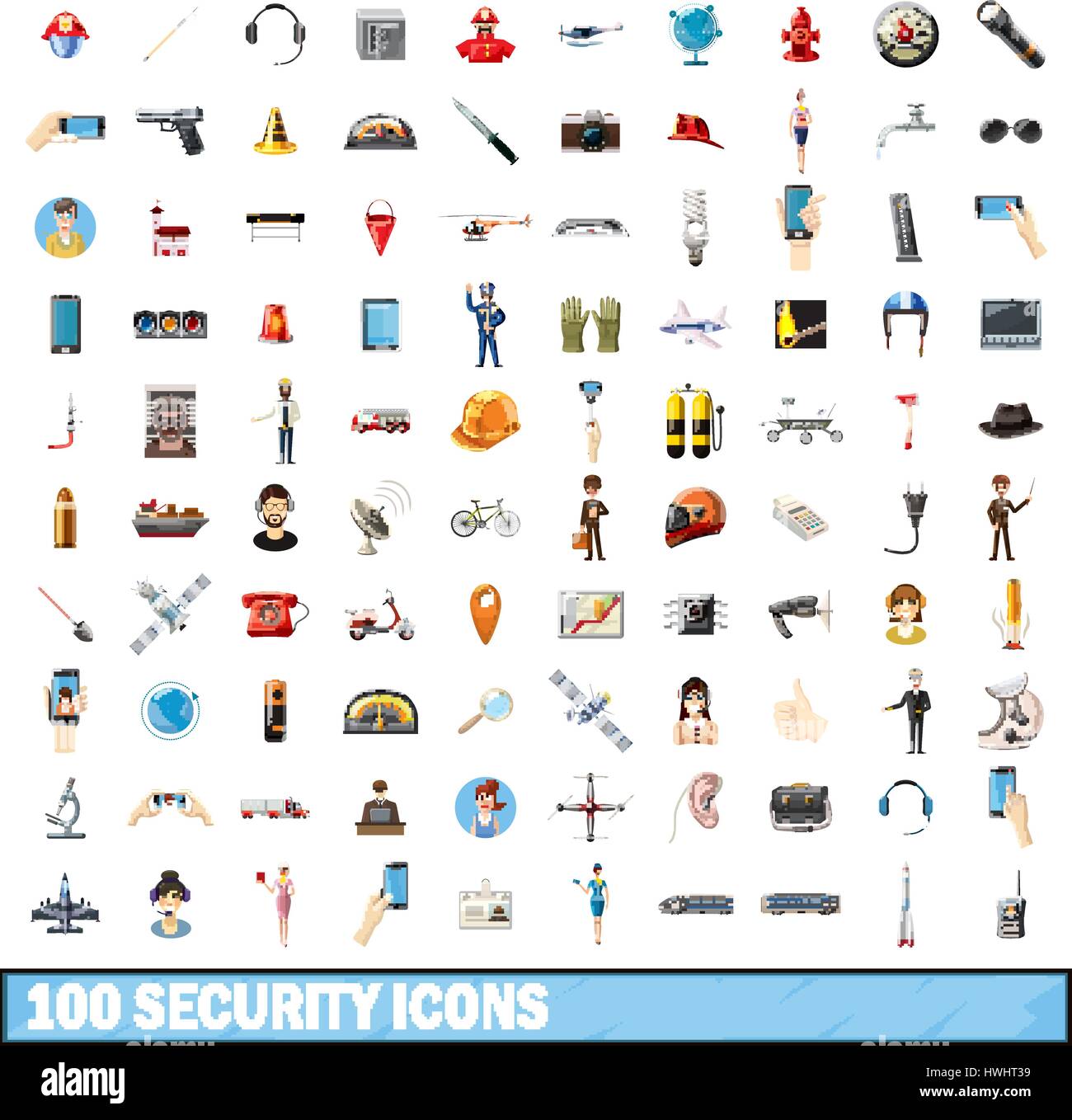 100 Sicherheitssymbole gesetzt, cartoon-Stil Stock Vektor