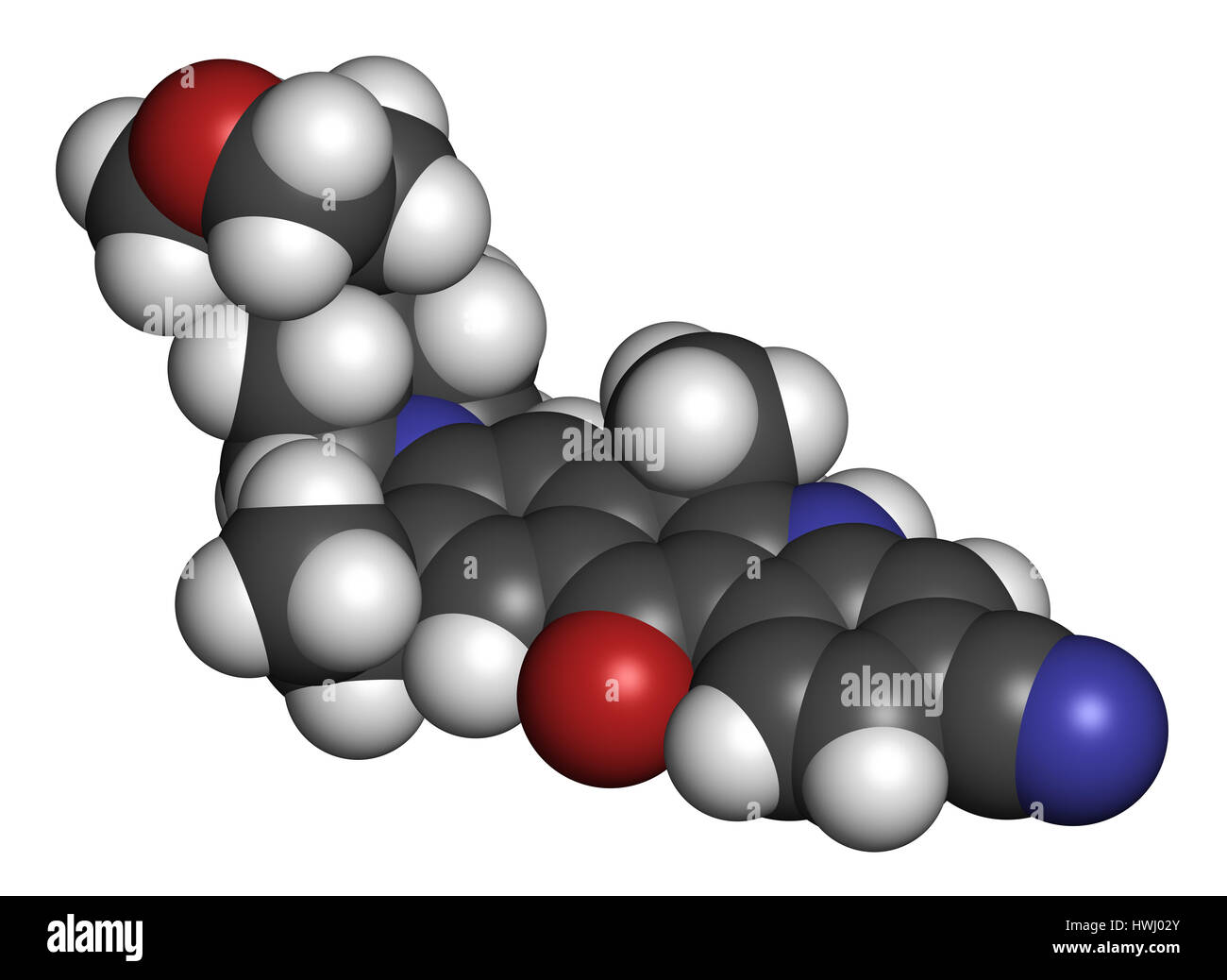 Alectinib Krebs Wirkstoffmolekül. 3D-Rendering. Atome sind als Kugeln mit konventionellen Farbcodierung vertreten: Wasserstoff (weiß), Kohlenstoff (grau), Nitrog Stockfoto