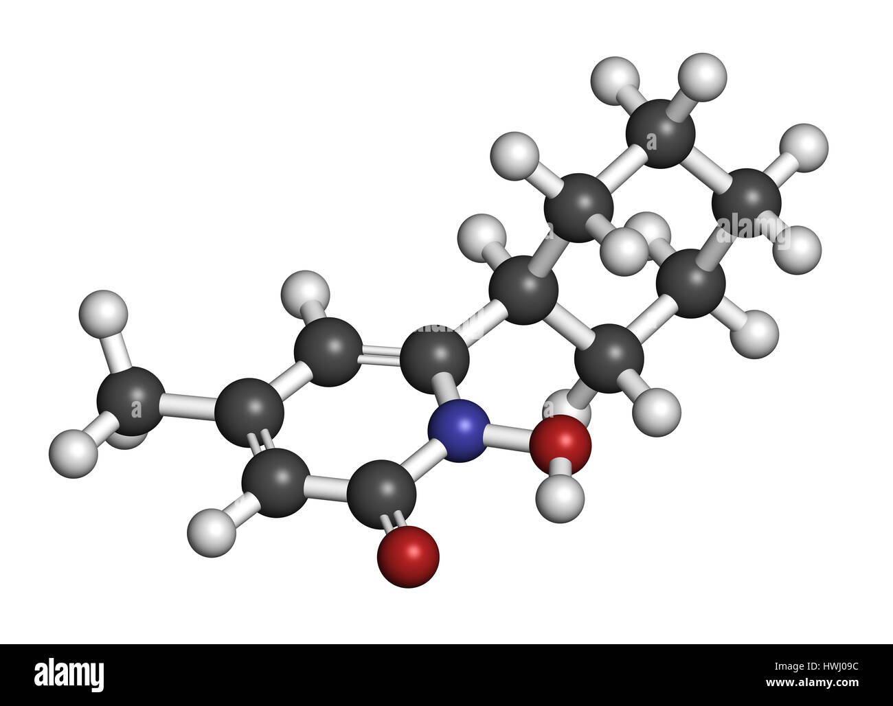 Ciclopirox antimykotische Wirkstoffmolekül. 3D-Rendering. Atome sind als Kugeln mit konventionellen Farbcodierung vertreten: Wasserstoff (weiß), Kohlenstoff (grau), n Stockfoto