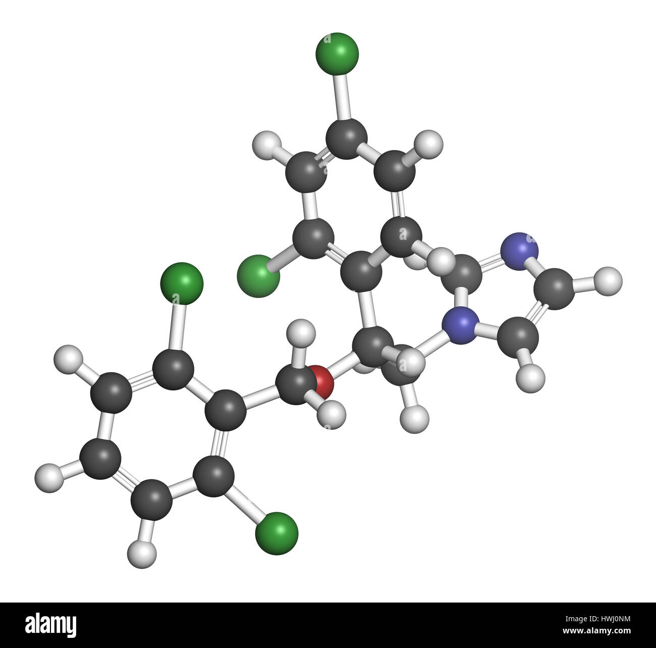 Isoconazole antimykotische Wirkstoffmolekül. 3D-Rendering. Atome sind als Kugeln mit konventionellen Farbcodierung vertreten: Wasserstoff (weiß), Kohlenstoff (grau), Stockfoto