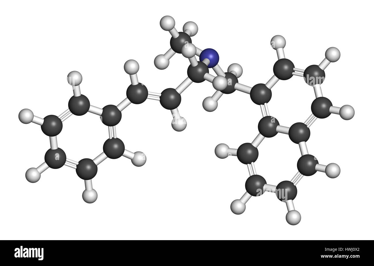 Naftifine antimykotische Wirkstoffmolekül. 3D-Rendering. Atome sind als Kugeln mit konventionellen Farbcodierung vertreten: Wasserstoff (weiß), Kohlenstoff (grau), ni Stockfoto