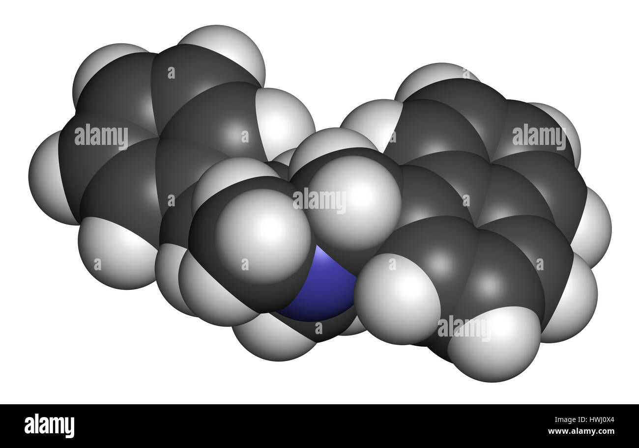 Naftifine antimykotische Wirkstoffmolekül. 3D-Rendering. Atome sind als Kugeln mit konventionellen Farbcodierung vertreten: Wasserstoff (weiß), Kohlenstoff (grau), ni Stockfoto