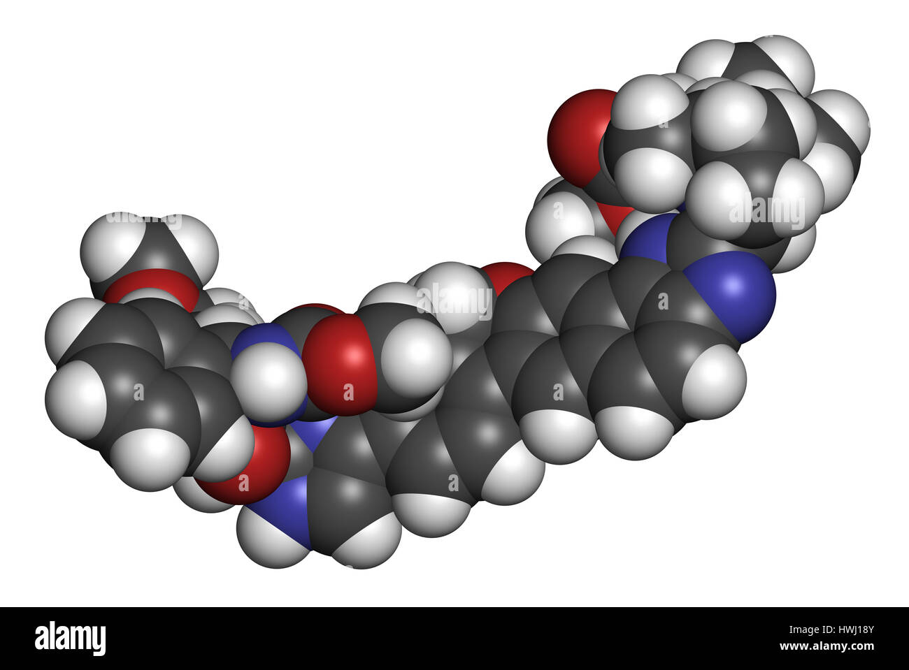 Velpatasvir Hepatitis C Virus (HCV) Wirkstoffmolekül. 3D-Rendering. Atome sind als Kugeln mit konventionellen Farbcodierung vertreten: Wasserstoff (weiß), ca Stockfoto