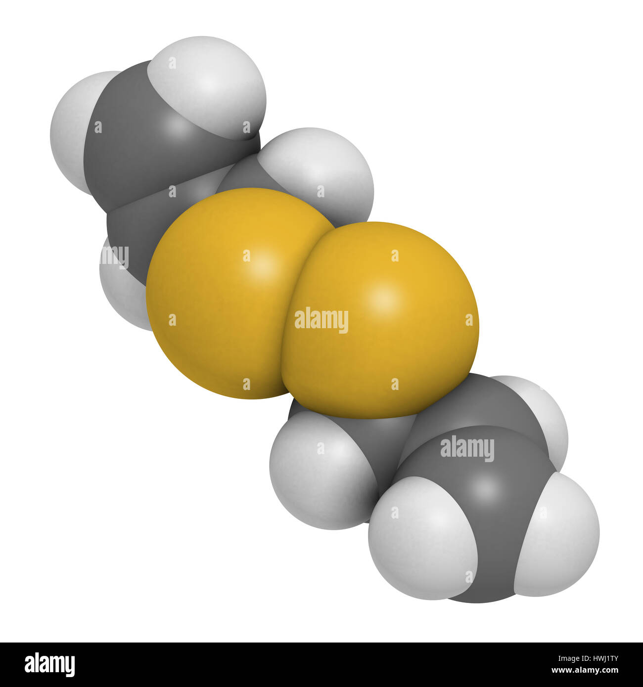 Diallyl-Disulfid-Knoblauch-Molekül. 3D-Rendering.  Eine der Verbindungen verantwortlich für Geschmack, Geruch und gesundheitliche Auswirkungen von Knoblauch. Atome sind represented Stockfoto