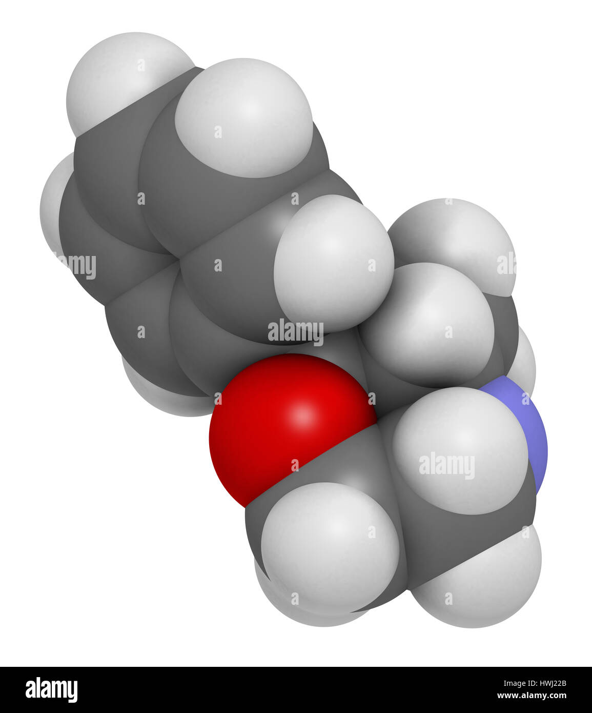 Phenmetrazine Stimulans Wirkstoffmolekül (Amphetamin-Klasse). Als Stimulans und Appetit Suppressant verwendet.  Atome sind als Kugeln mit Singletouch vertreten. Stockfoto
