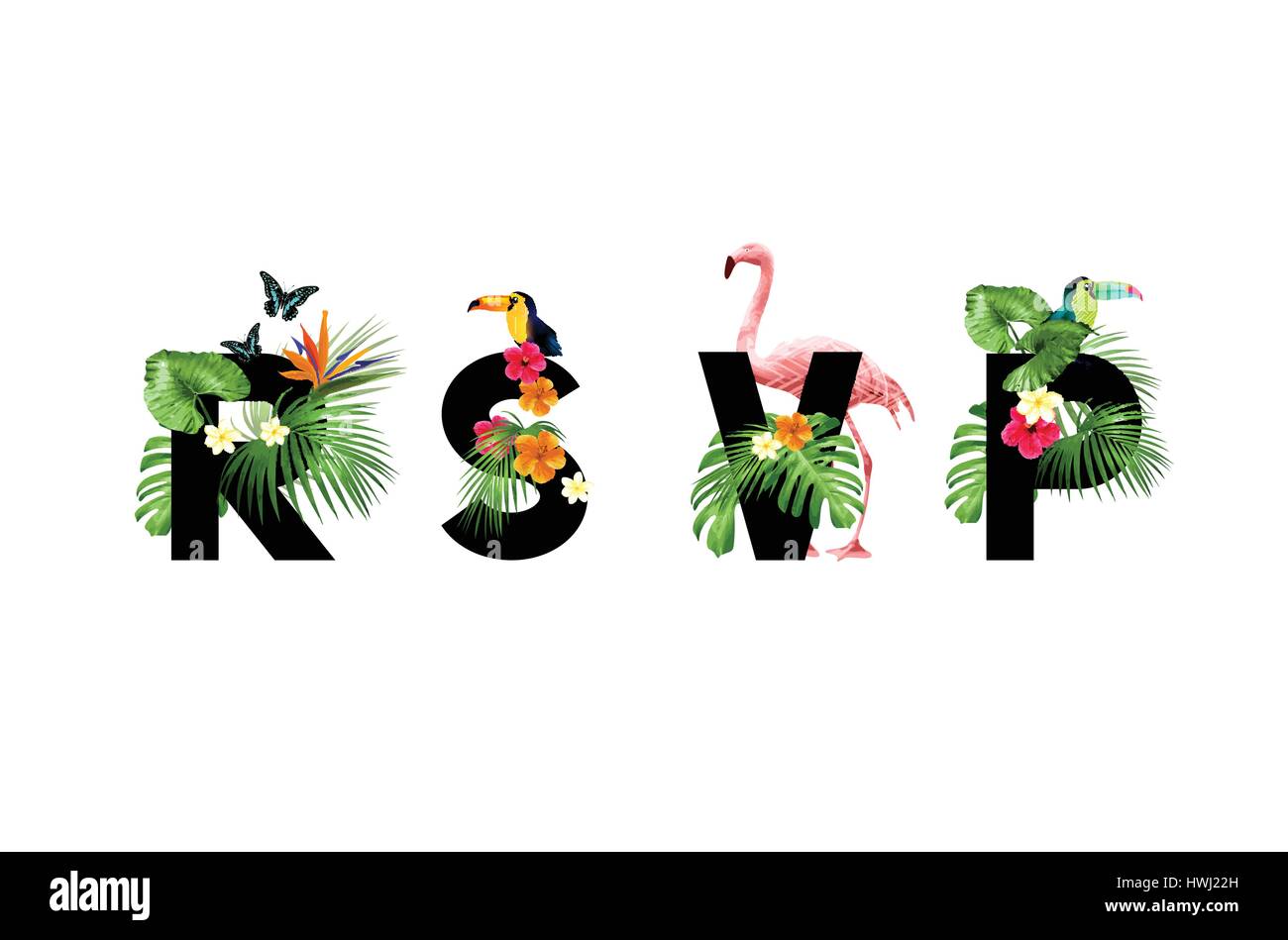 Mai-Einladungskarte mit tropischen Palmen und floralen Elementen. Vektor-Illustration. Stock Vektor