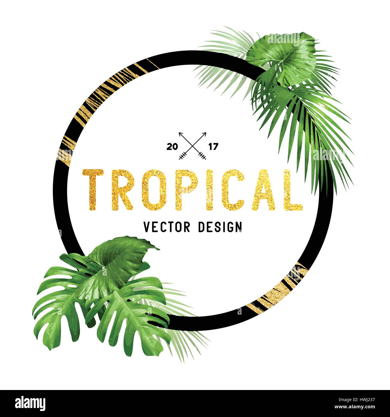 Schwarz und Gold tropischen Rahmendesign mit verschiedenen Plam Blätter säumen. Vektor-illustration Stock Vektor