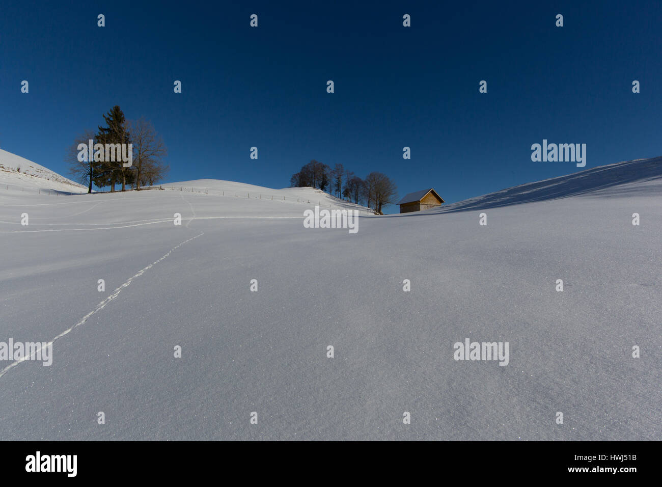 Hütte mit sonnigen blauen Himmel in verschneiter Landschaft mit Bäumen und Spuren Stockfoto
