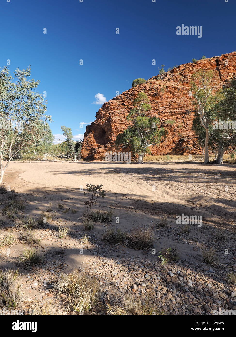 Am späten Nachmittag glühende Felswand im trockenen Simpsons Gap in den McDonnell Ranges in der Nähe von Alice Springs, Australien, Juni 2015 Stockfoto