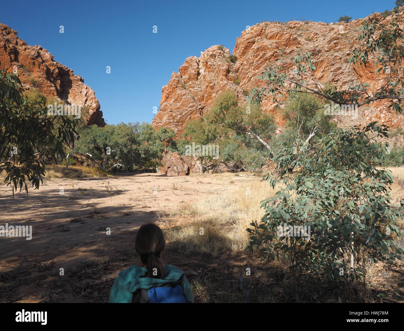 Weibliche Wanderin, die Jessie Gap im Morgenlicht anschaut, Alice Springs, Australien, Juni 2015 Stockfoto