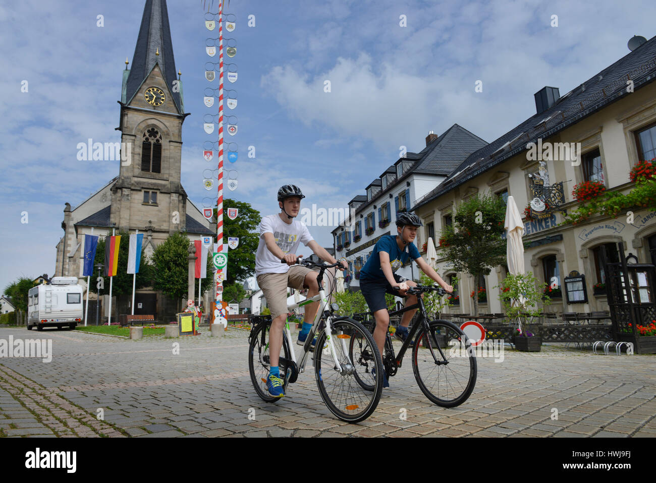 Radfahrer, Bischofsgrün, Fichtelgebirge, Oberfranken, Bayern, Deutschland Stockfoto