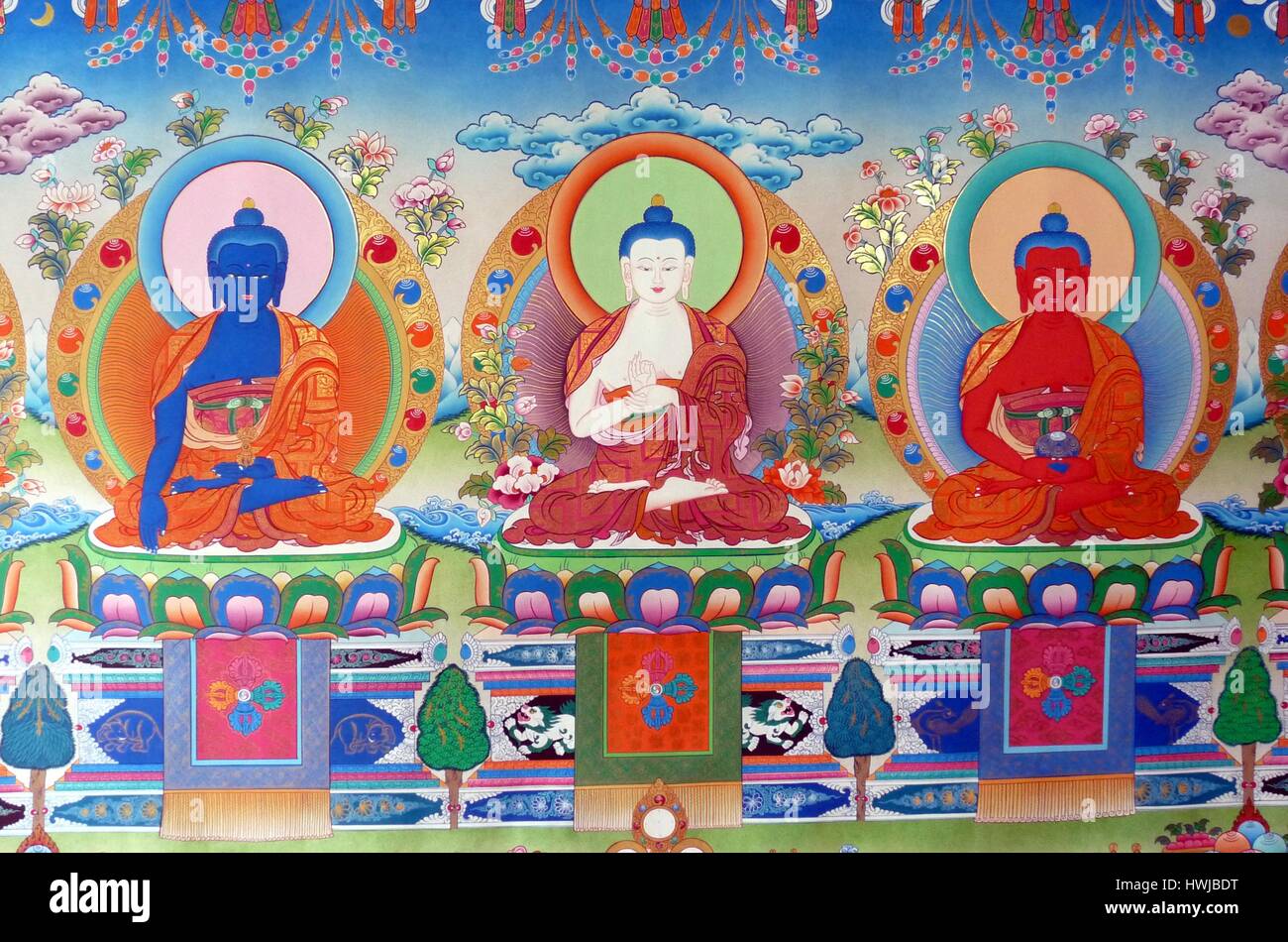 Tibetisch-buddhistischen Malerei oder Thangka, einem wichtigen traditionellen meditativen Werkzeug Darstellung von Buddha Stockfoto