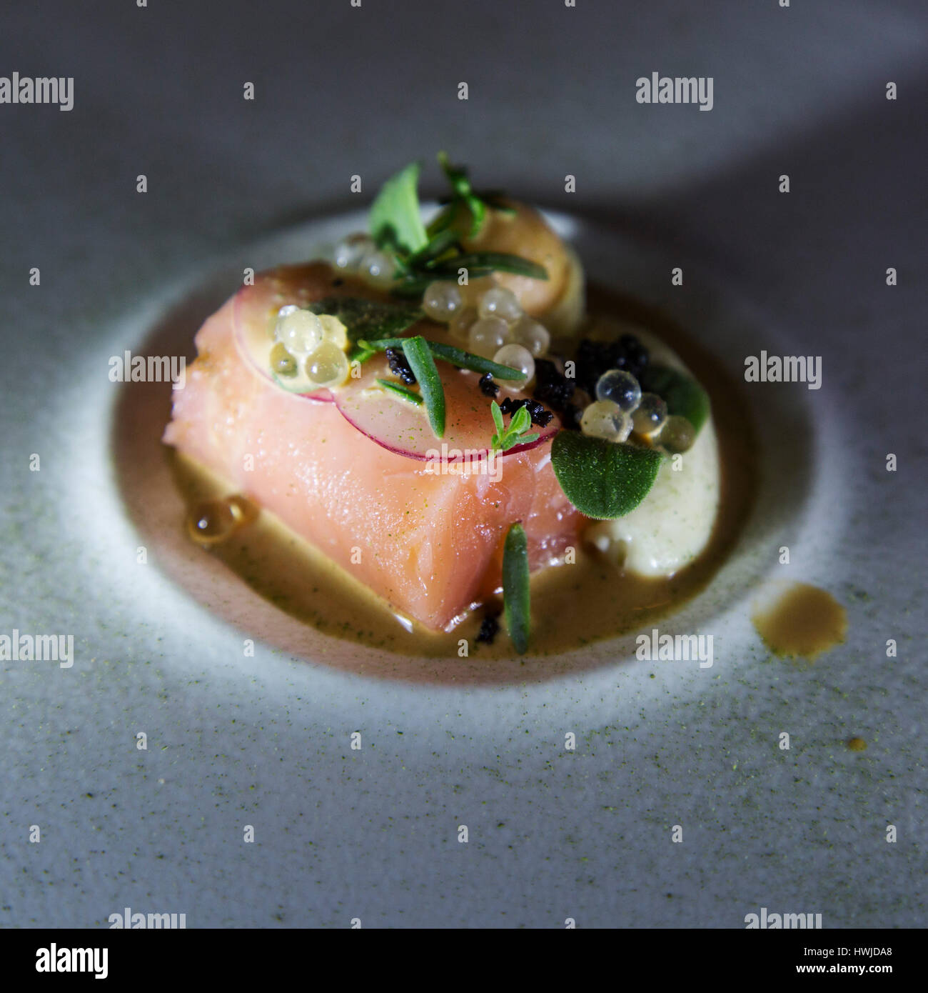 Eine Vorspeise serviert im Restaurant Gainsborough in Gainsborough Bath Spa Hotel in Bath, England. Stockfoto